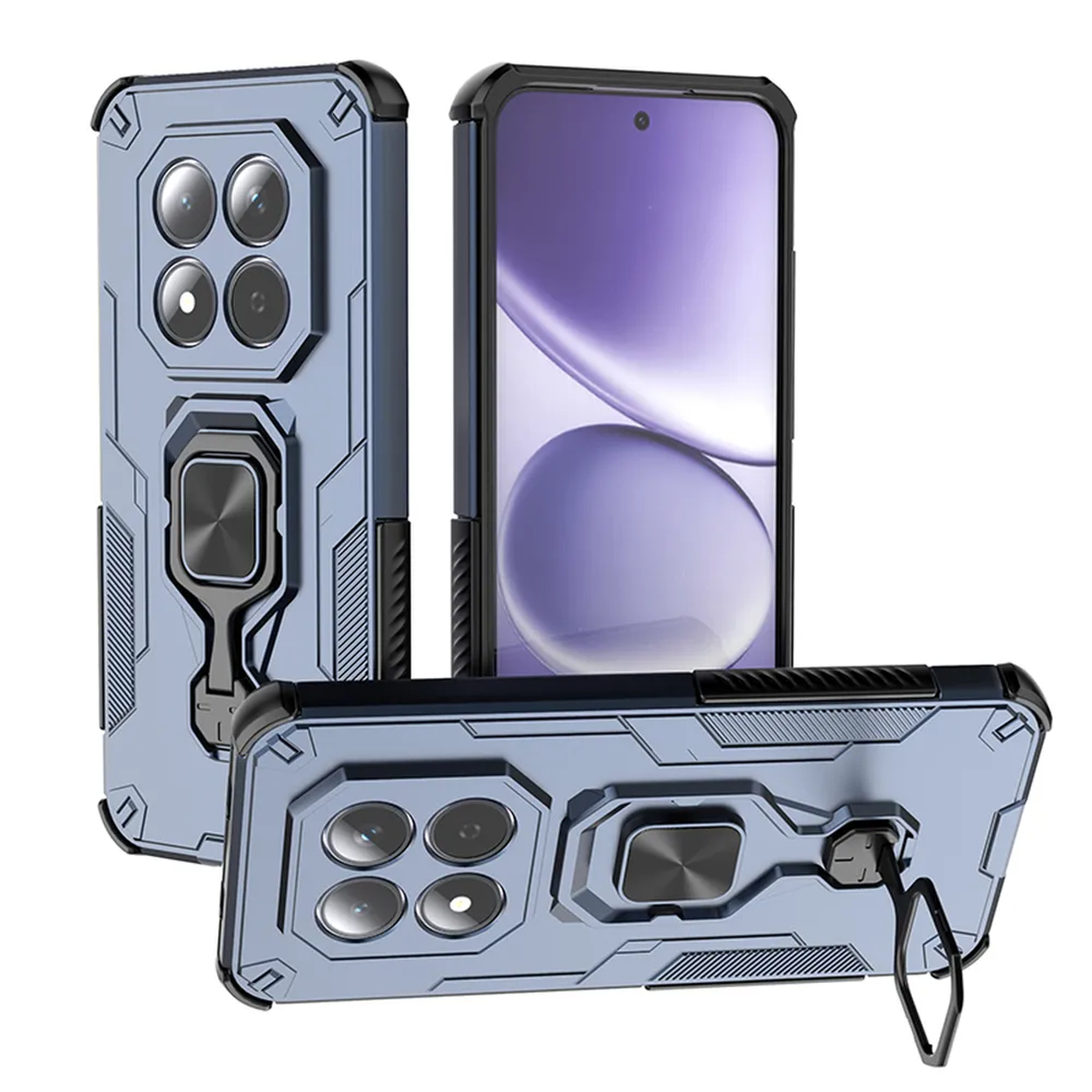 Lichtblauwe telefoonhoes met vier camera's, ringhouder en standaard.