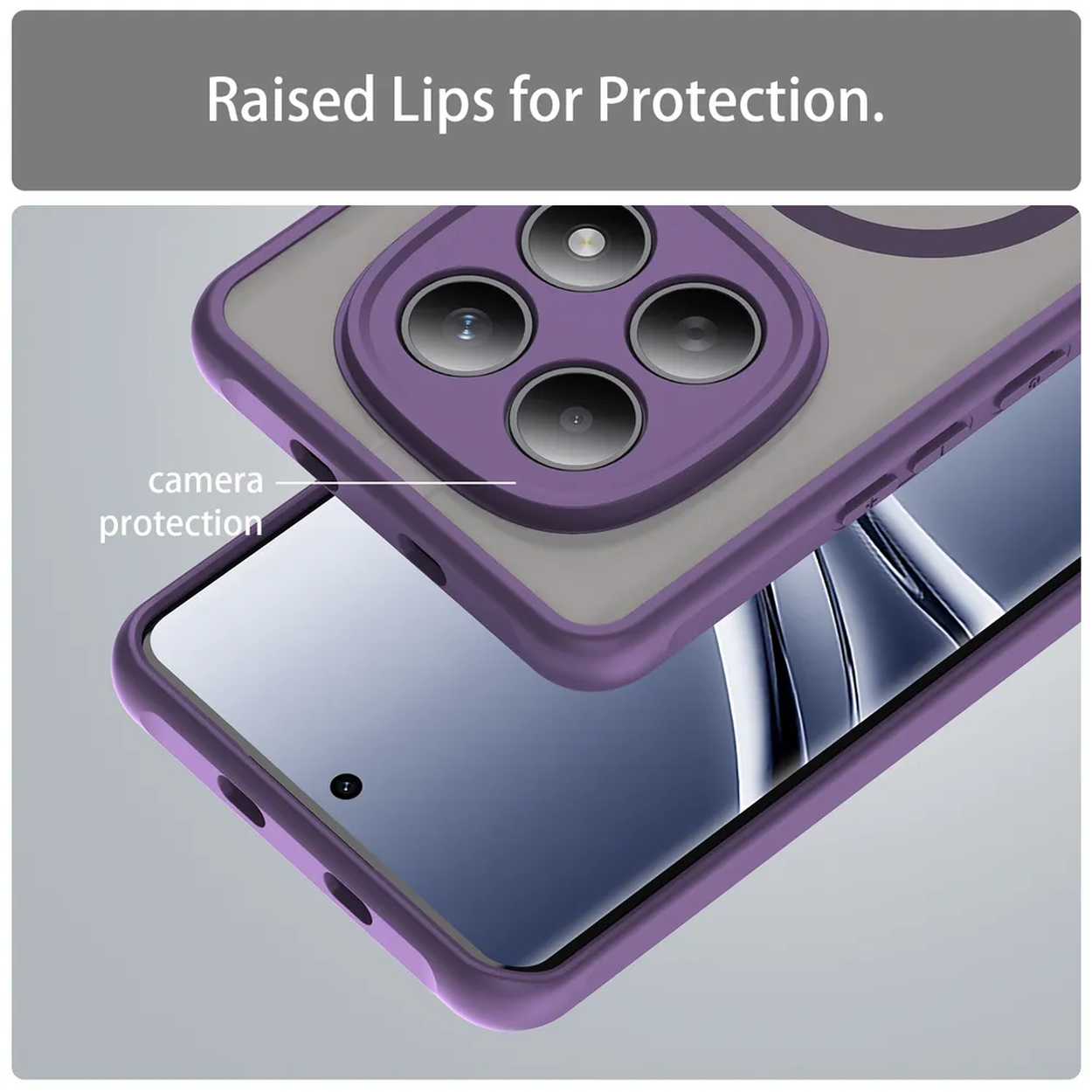 Paarse telefoonhoes met camerabescherming over een smartphone.