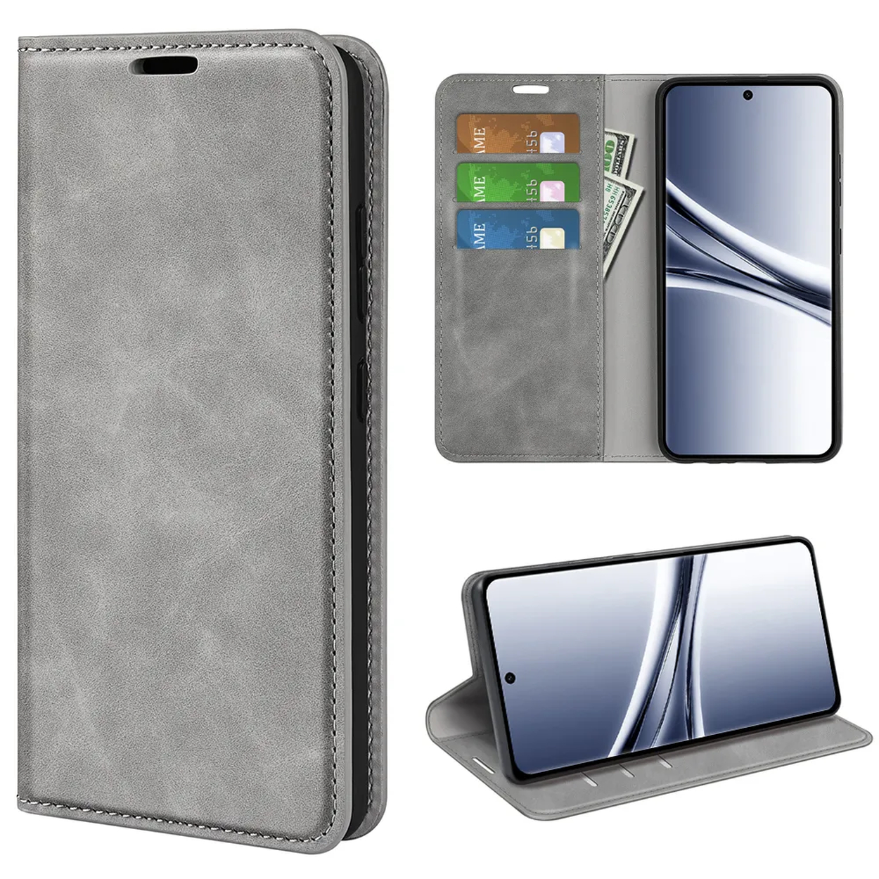 Étui de téléphone gris avec fentes pour cartes et poche à billets, montre le téléphone.