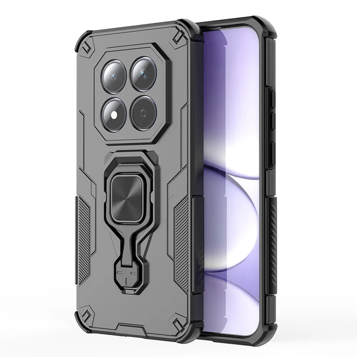 Coque de téléphone grise avec quatre caméras et un support anneau.