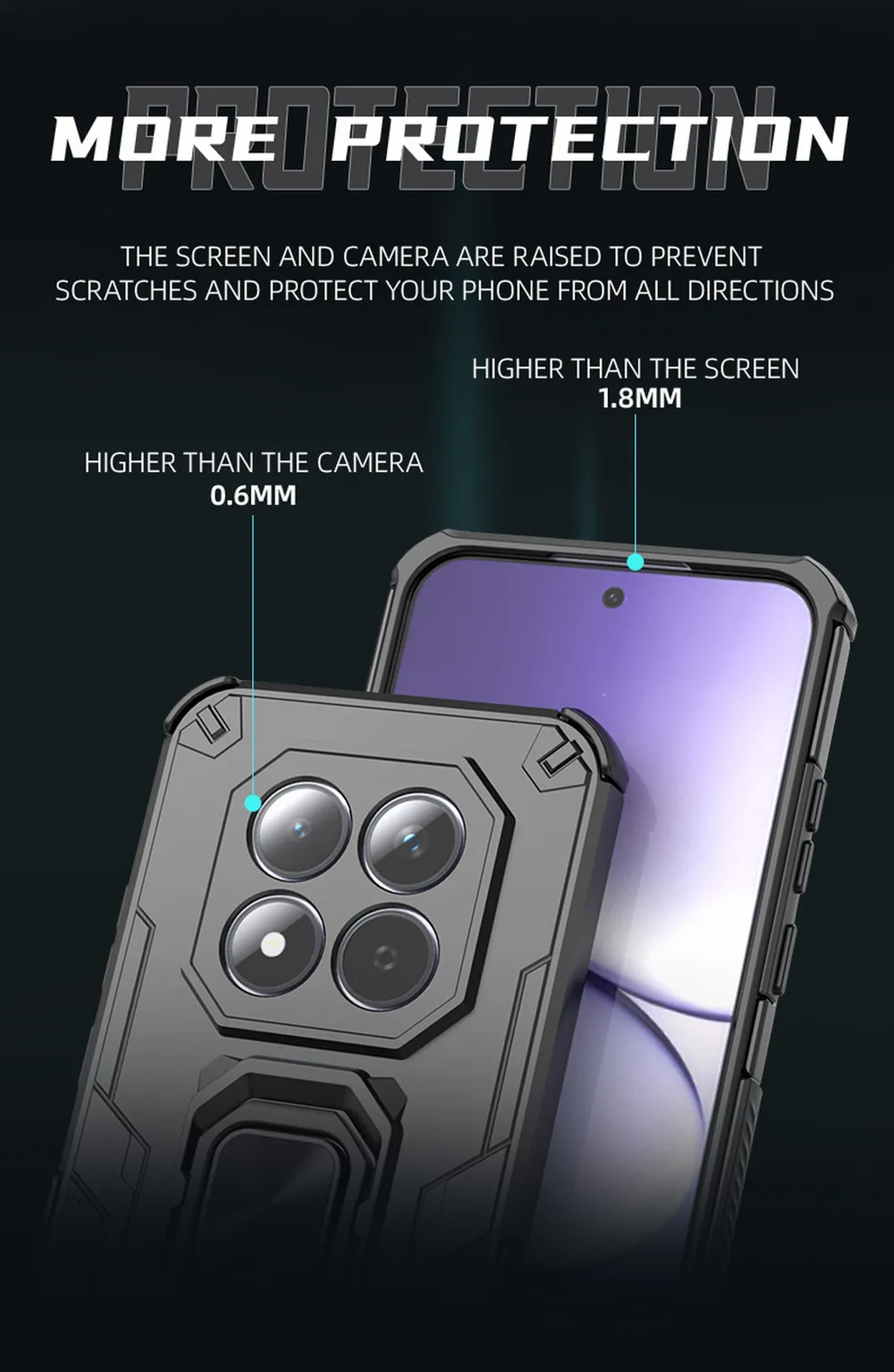 Coque de téléphone noire avec bords surélevés pour la protection de l'appareil.