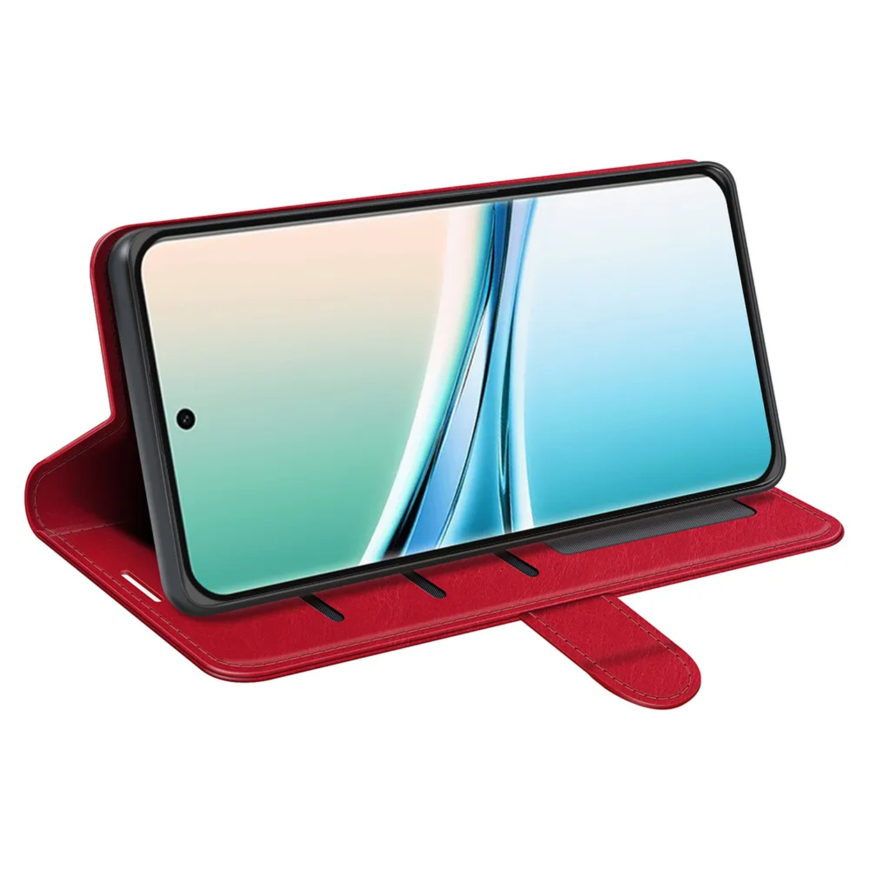 Rode smartphone in open flip case, met helder scherm.