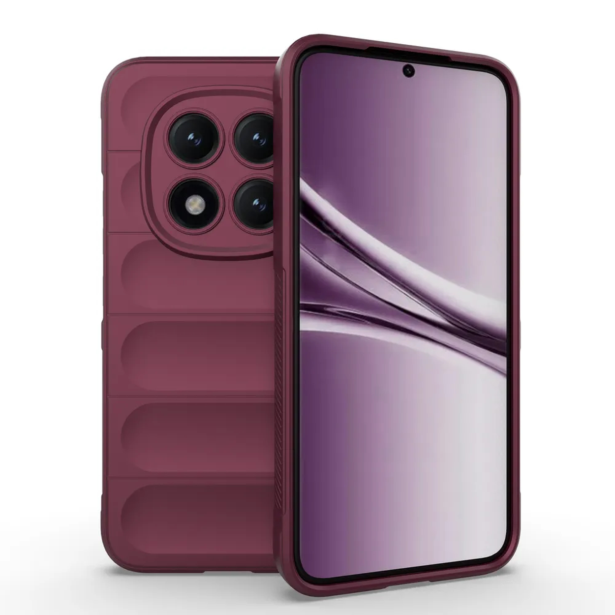 Een bordeauxrode smartphone met vier achtercamera's en een scherm.