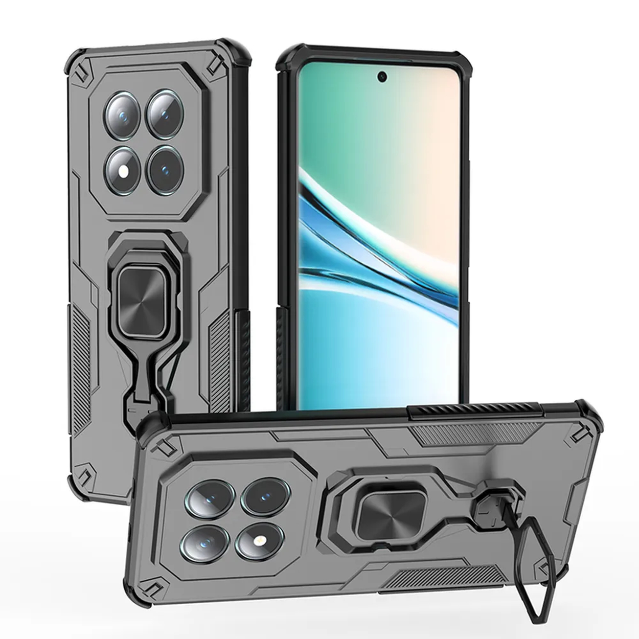 Grijze telefoonhoesjes met camera-array en ringhouder, witte achtergrond.