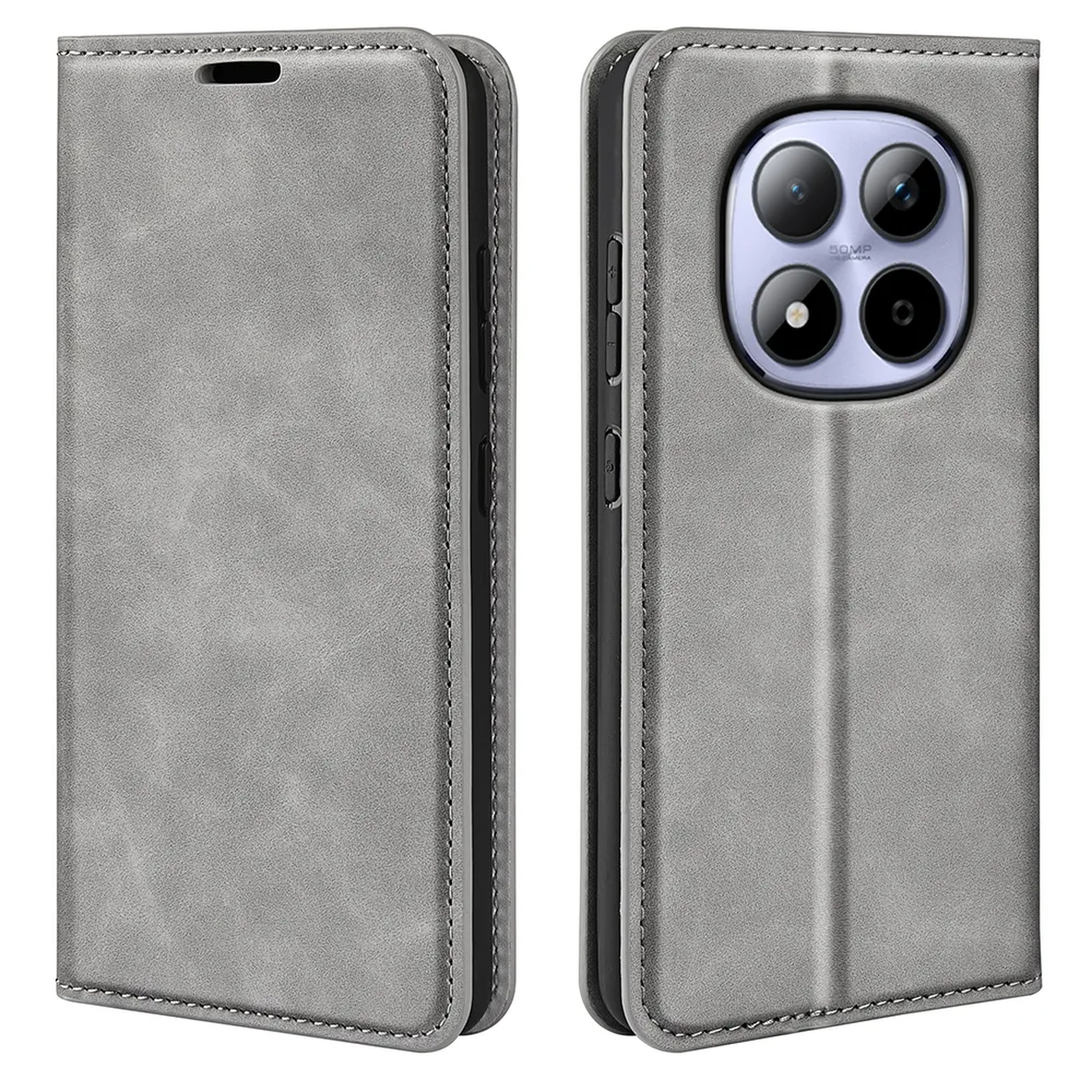 Étui de téléphone en cuir gris, ouvert et fermé, avec découpe caméra et coutures.