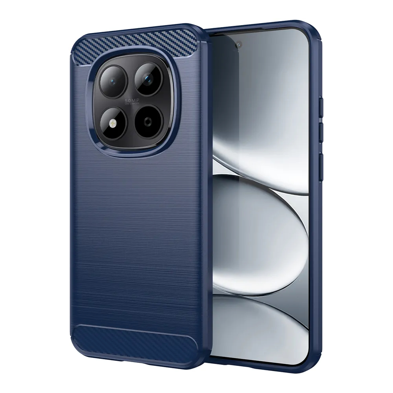Une coque de téléphone bleu foncé à texture brossée et module caméra.