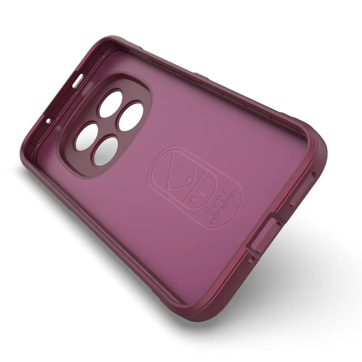 Achterkant van een donkerrode telefoonhoes met camera-uitsparingen en logo.
