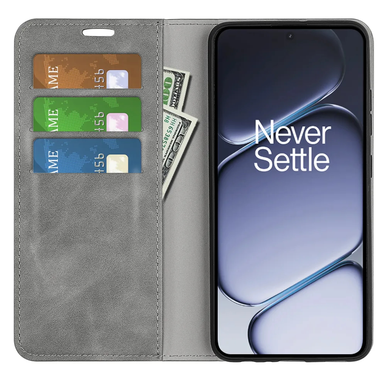 Étui de téléphone gris avec fentes pour cartes et argent, à côté d'un téléphone "Never Settle".