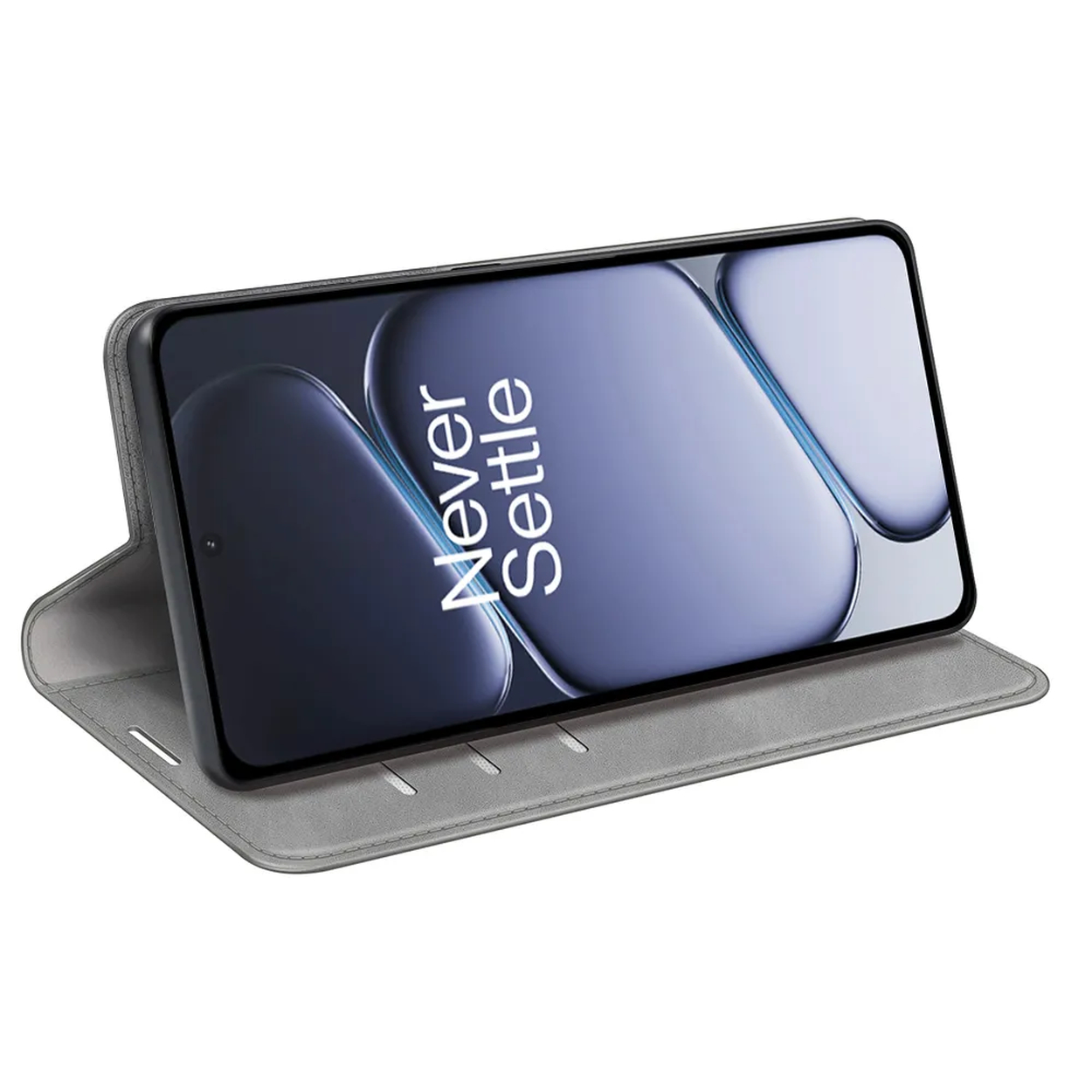 Étui portefeuille gris avec smartphone posé. Texte blanc sur l'écran.