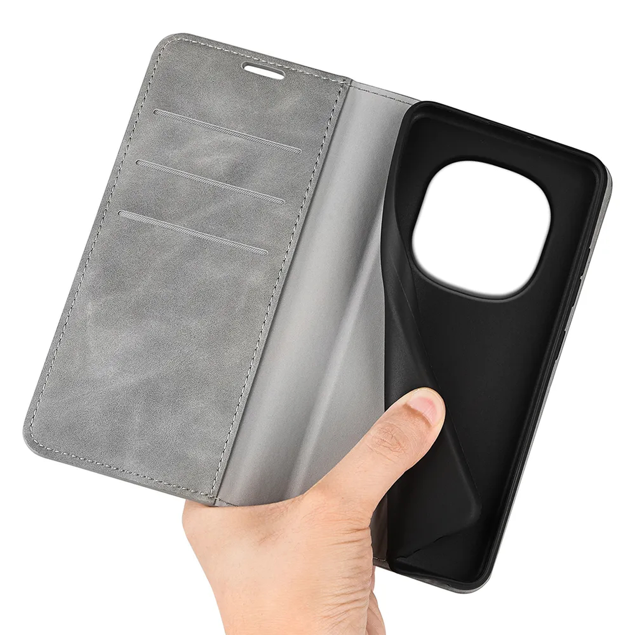 Étui de téléphone ouvert en similicuir gris avec fentes pour cartes.