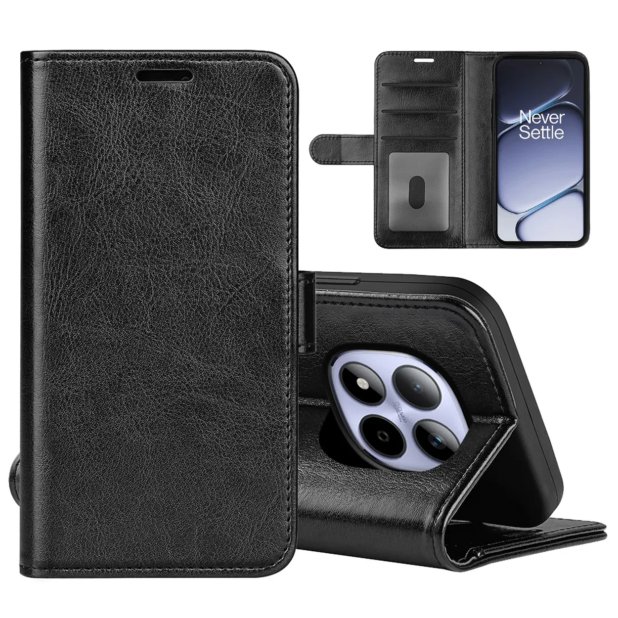 Étui de téléphone en cuir noir avec fentes pour cartes et un téléphone.