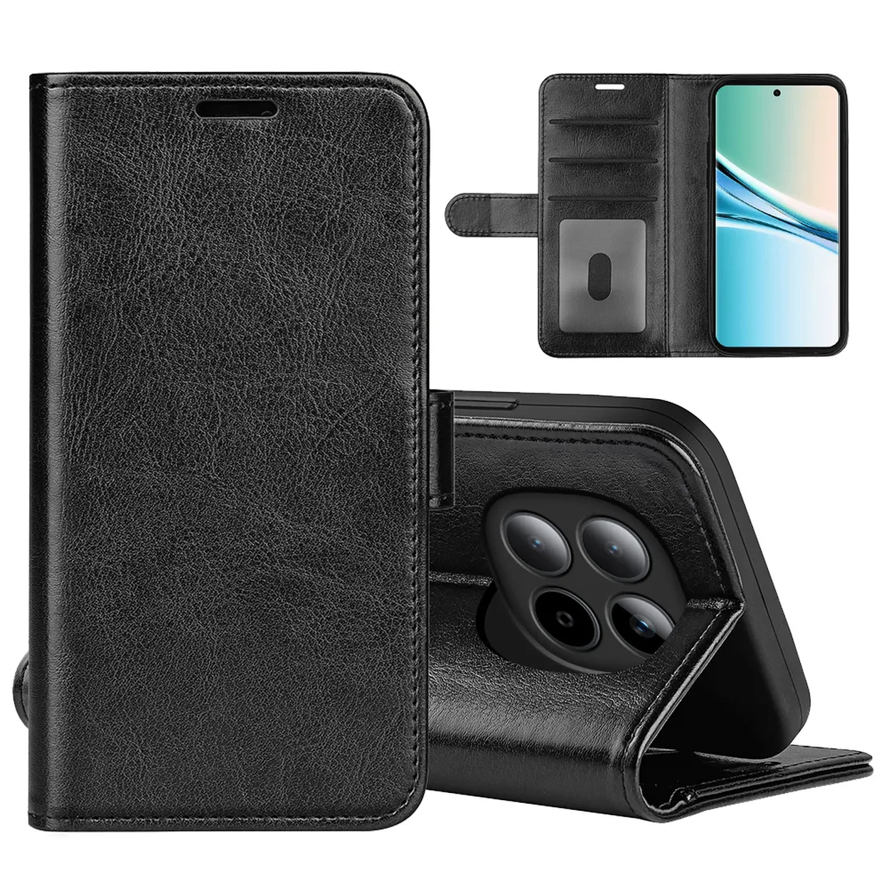 Étui à rabat en cuir noir pour smartphone, avec fentes pour cartes et vue caméra.