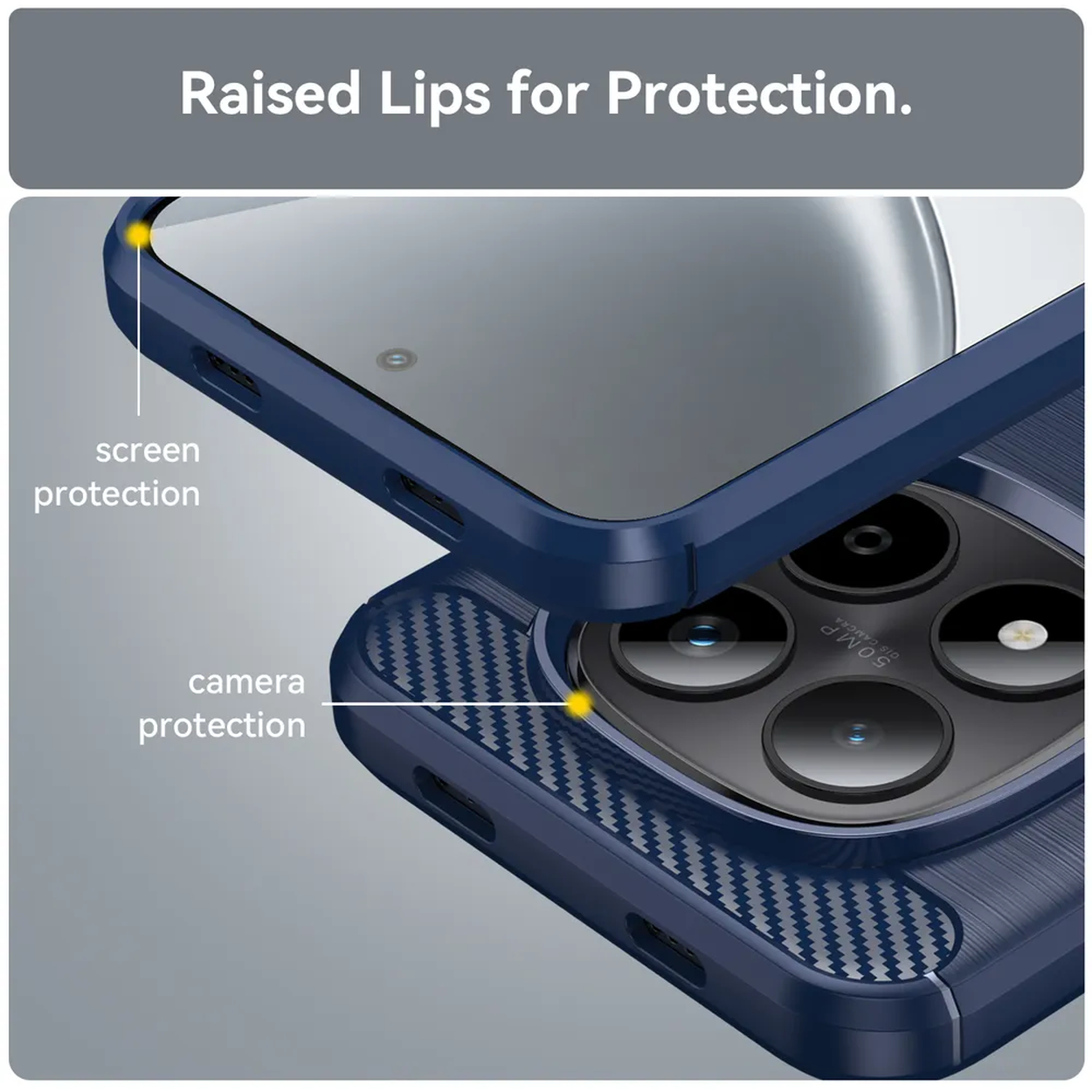 Coque de téléphone bleue avec bords surélevés pour la protection de l'écran et de l'appareil photo.