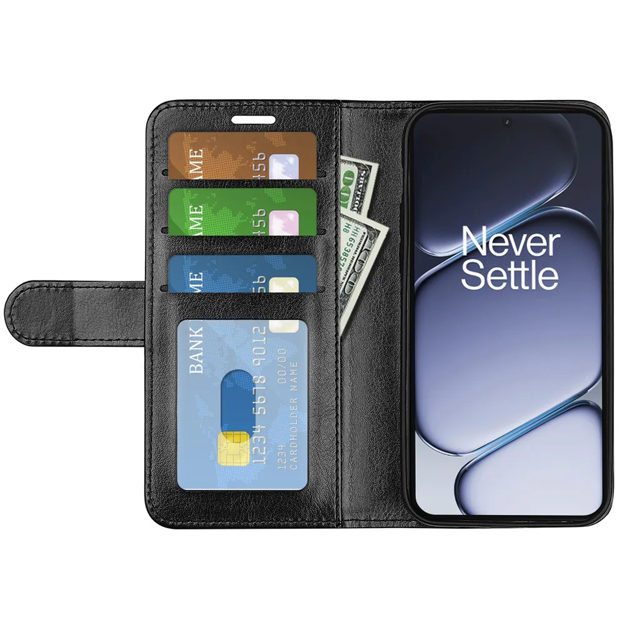 Coque de téléphone noire avec fentes pour cartes et argent. Un téléphone est sur la droite.