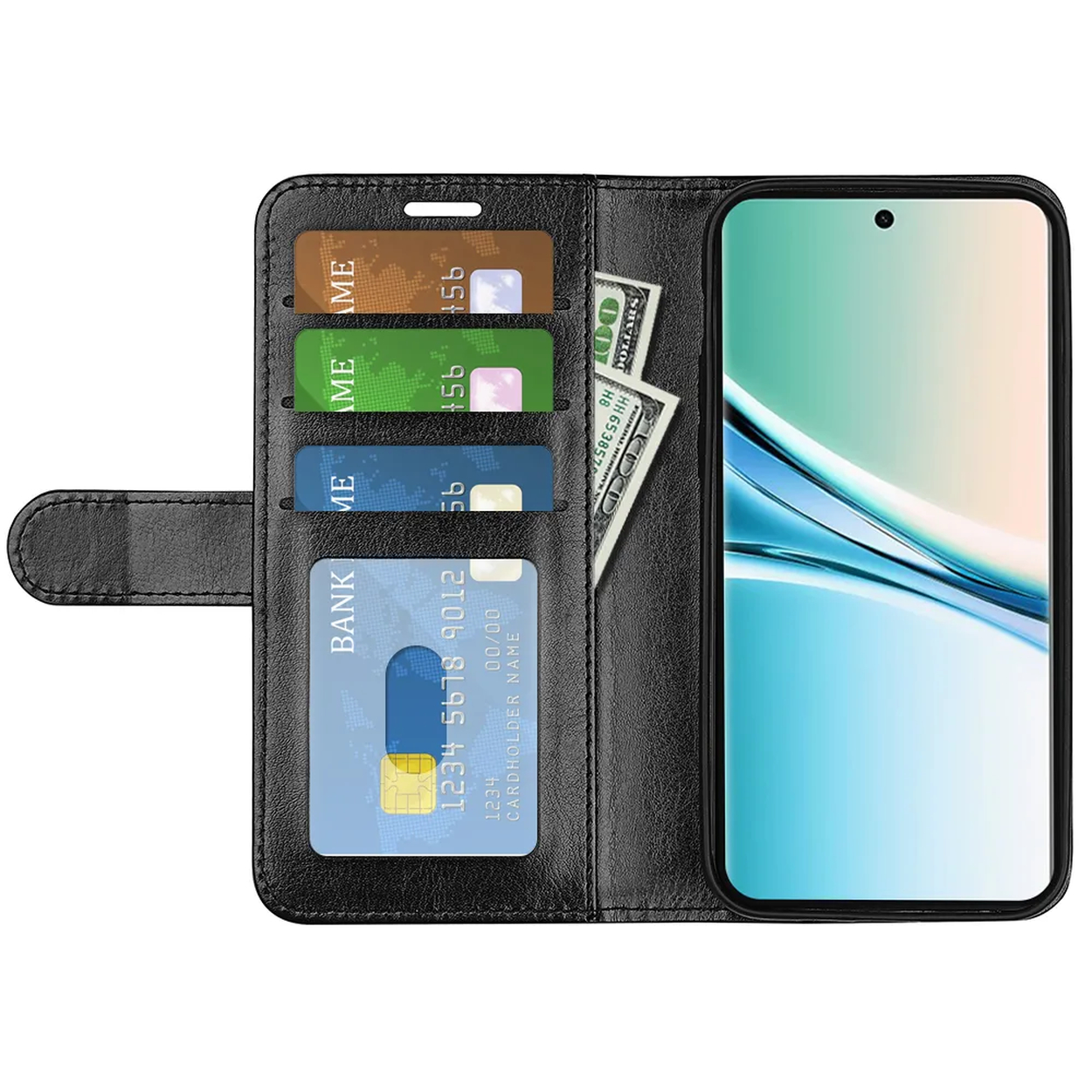 Portefeuille noir avec fentes pour cartes, argent et smartphone.