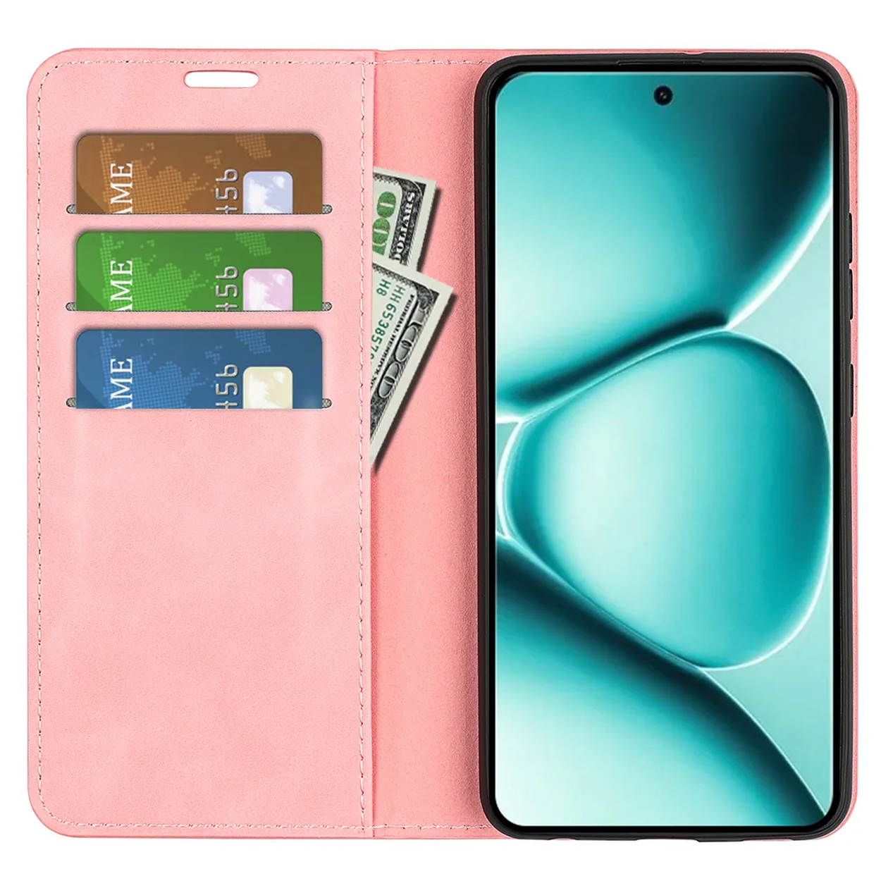 A pink phone case with card slots and banknotes inside.