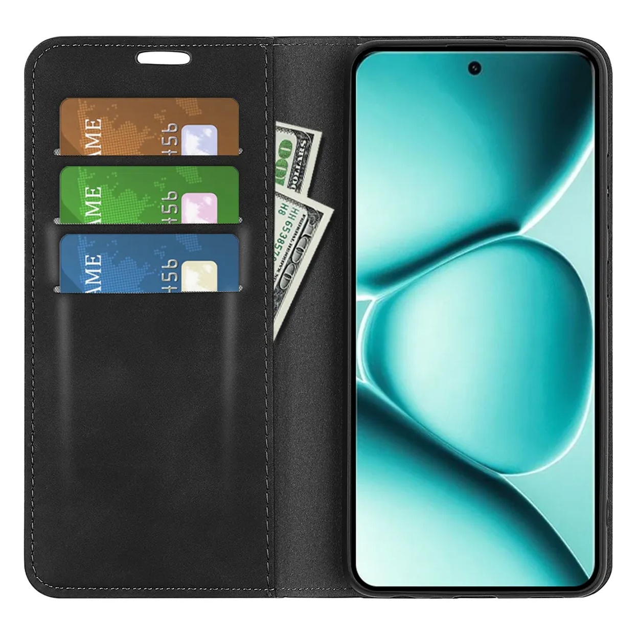 Zwarte telefoonhoes met drie kaartsleuven en dollarbiljetten.