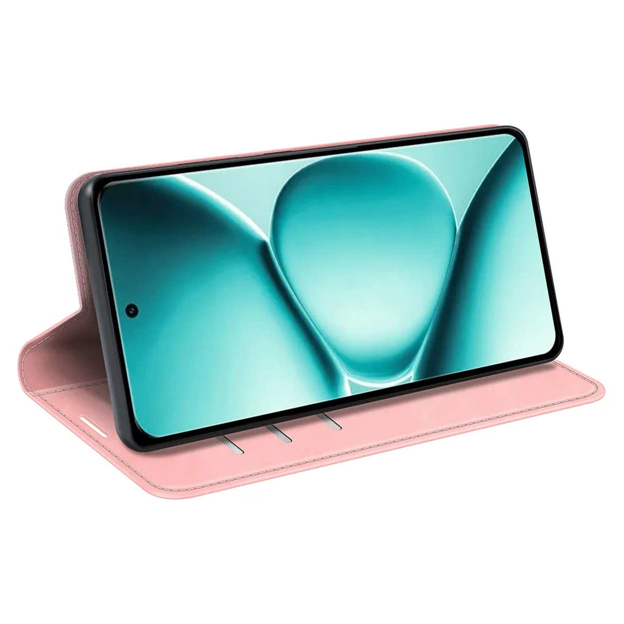A pink phone case holding a smartphone with a teal screen.