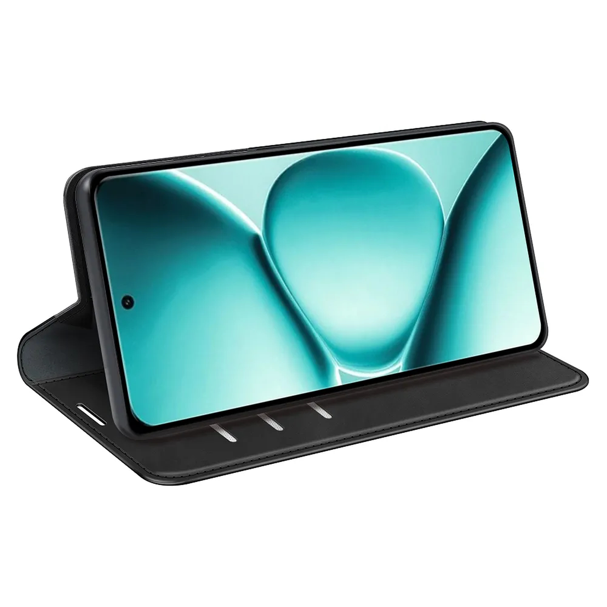 Een zwarte smartphone in een open hoesje met een turquoise abstracte achtergrond.