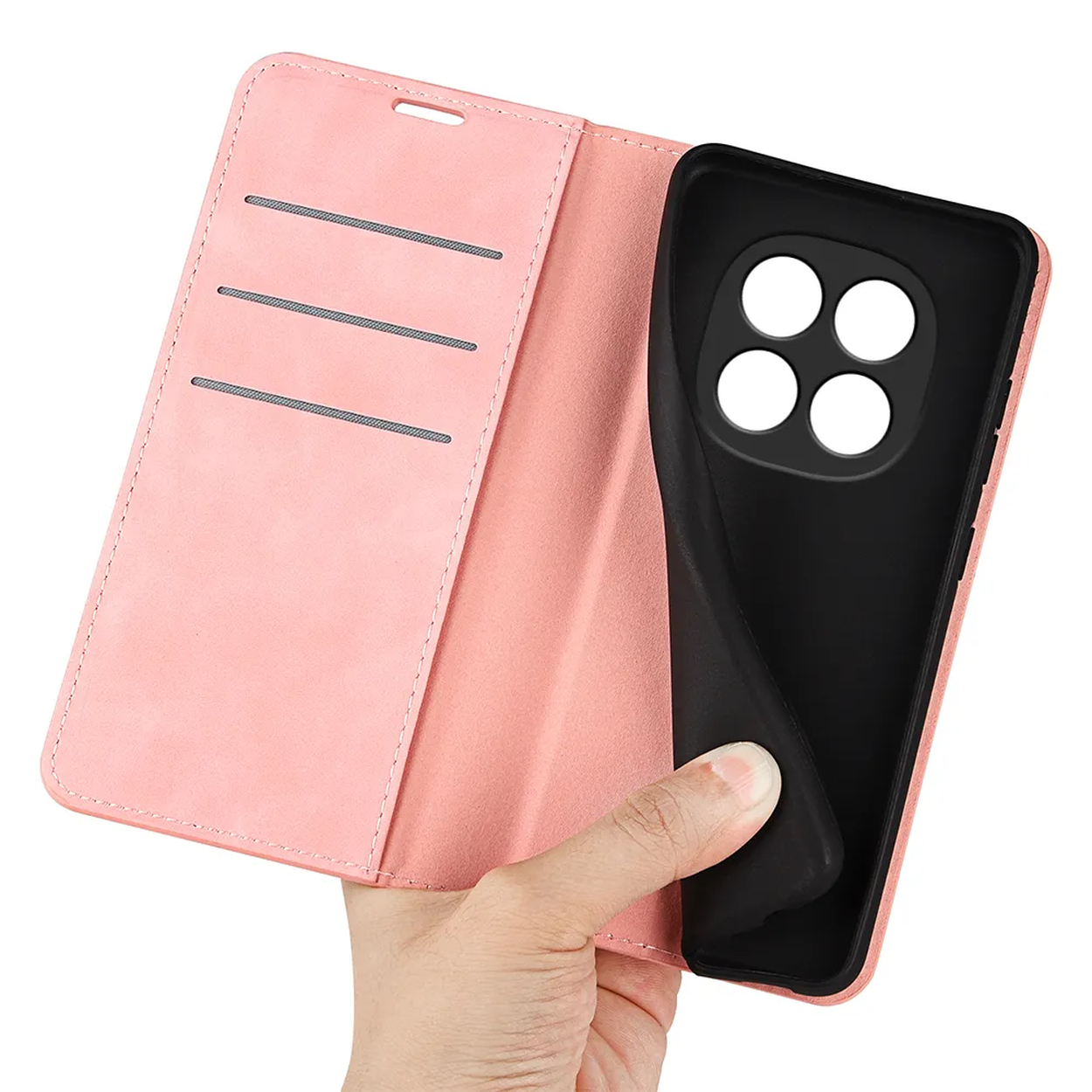 A pink phone case with card slots and a black holder for four cameras.