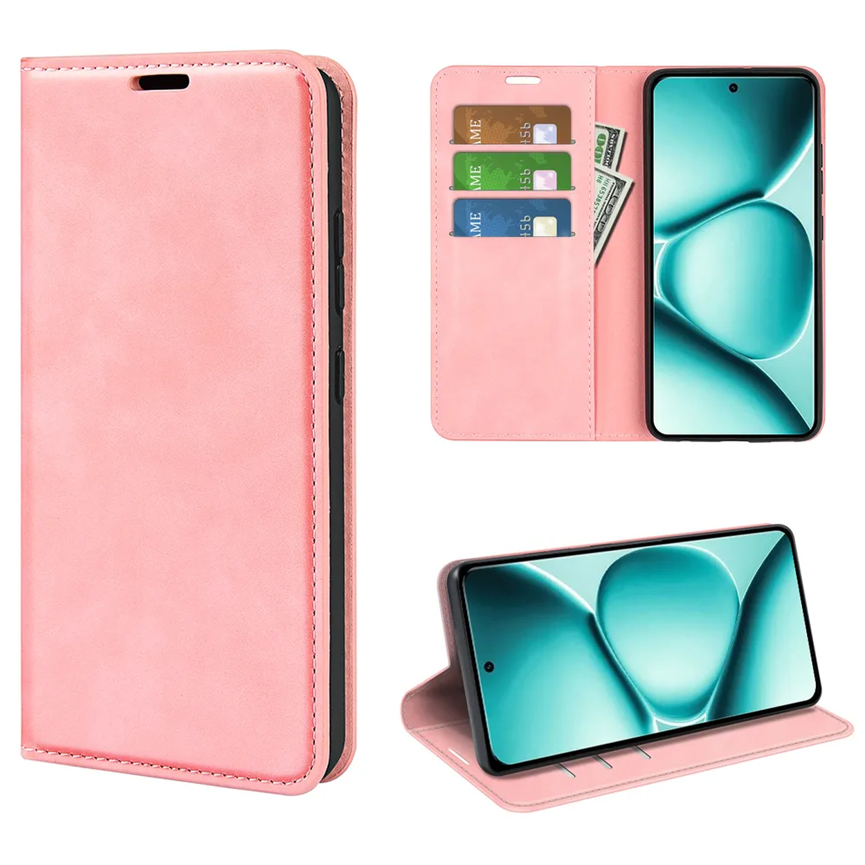 A pink phone case with card slots and a standing phone.