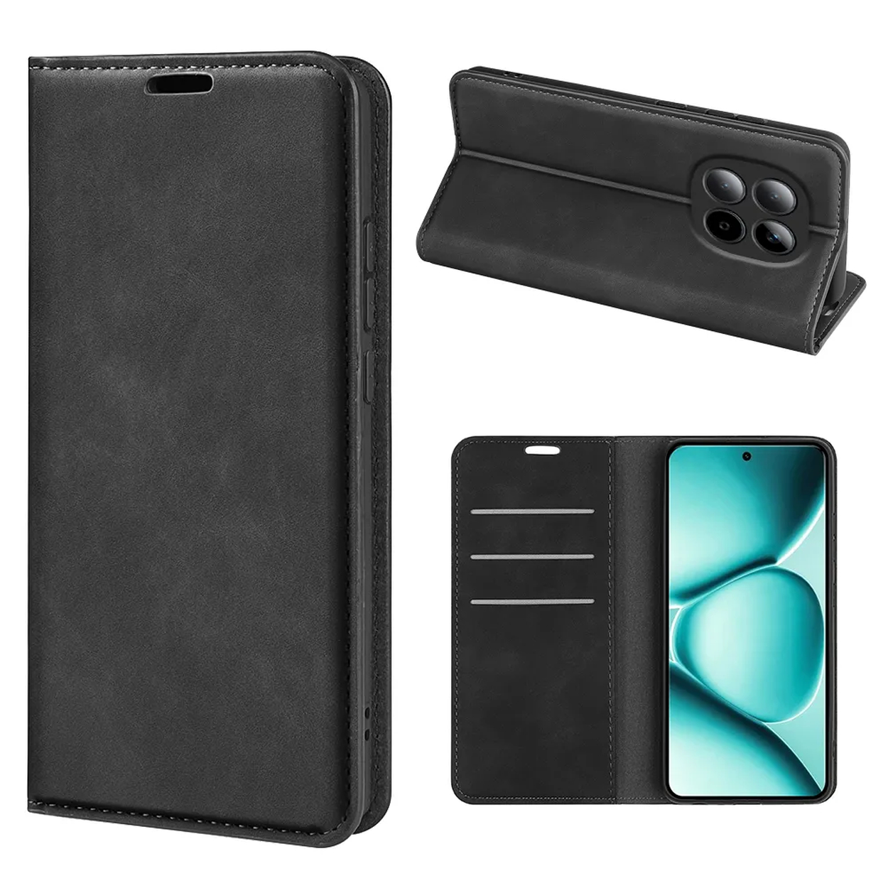 Zwarte flip telefoonhoes met kaartsleuven en cameragat.