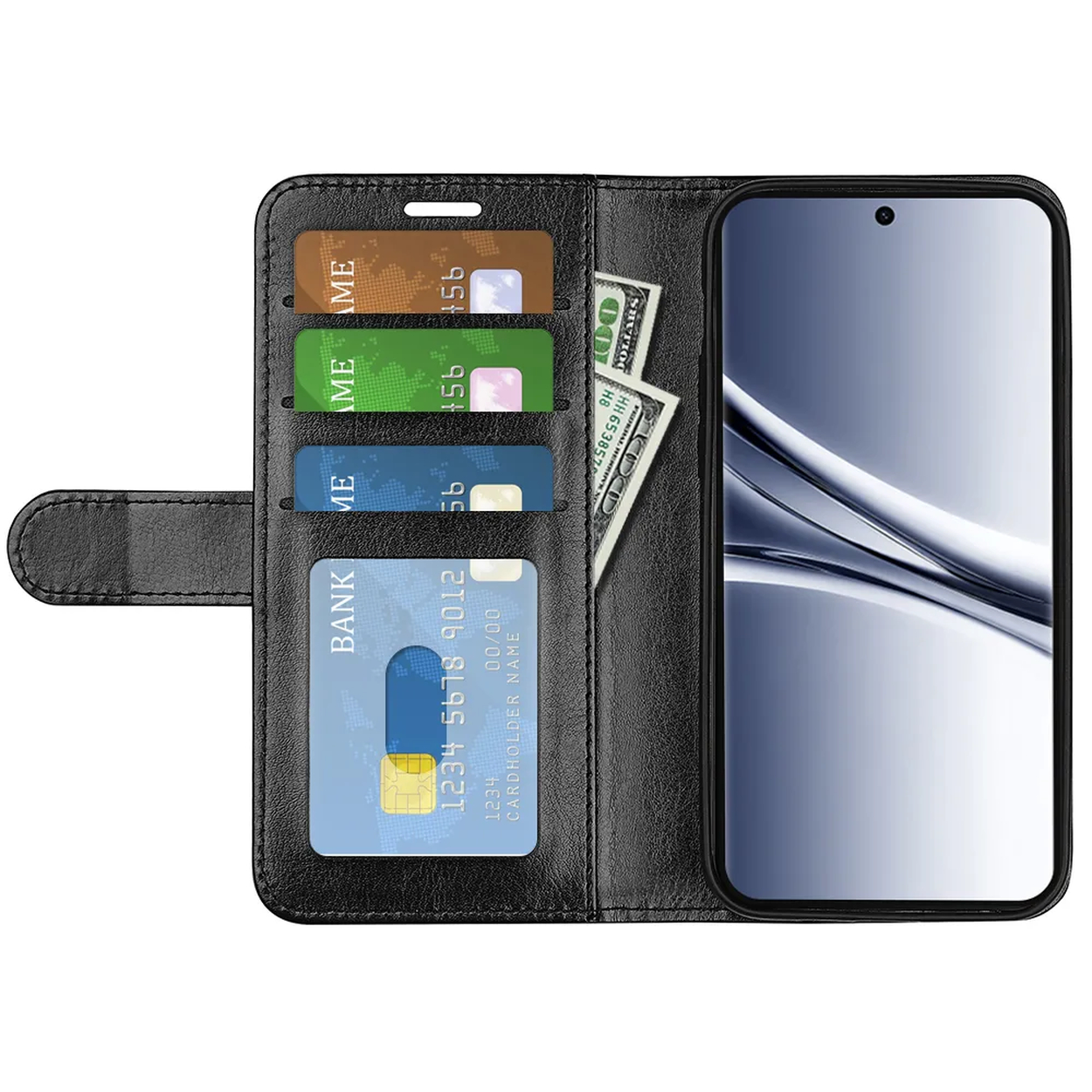 Étui de téléphone noir avec fentes pour cartes et argent.