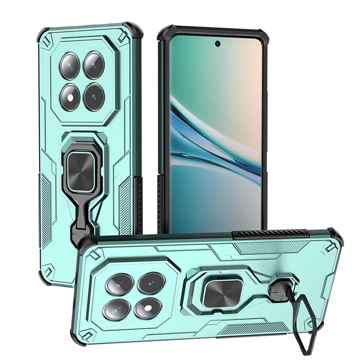 Turquoise telefoonhoes met vier camera's en ringhouder, geïsoleerd.