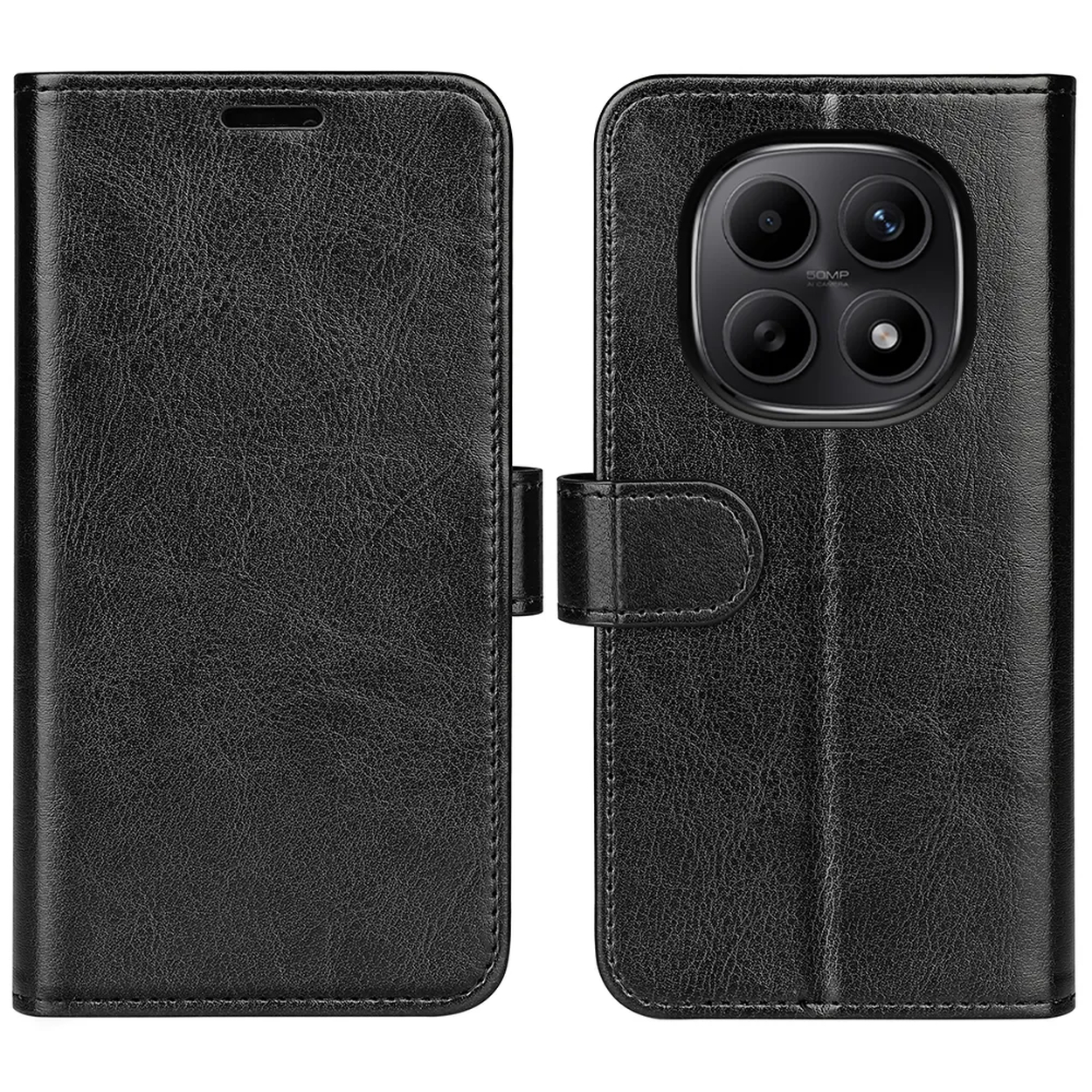 Étui de téléphone en cuir noir avec appareil photo quadruple et fermeture magnétique.