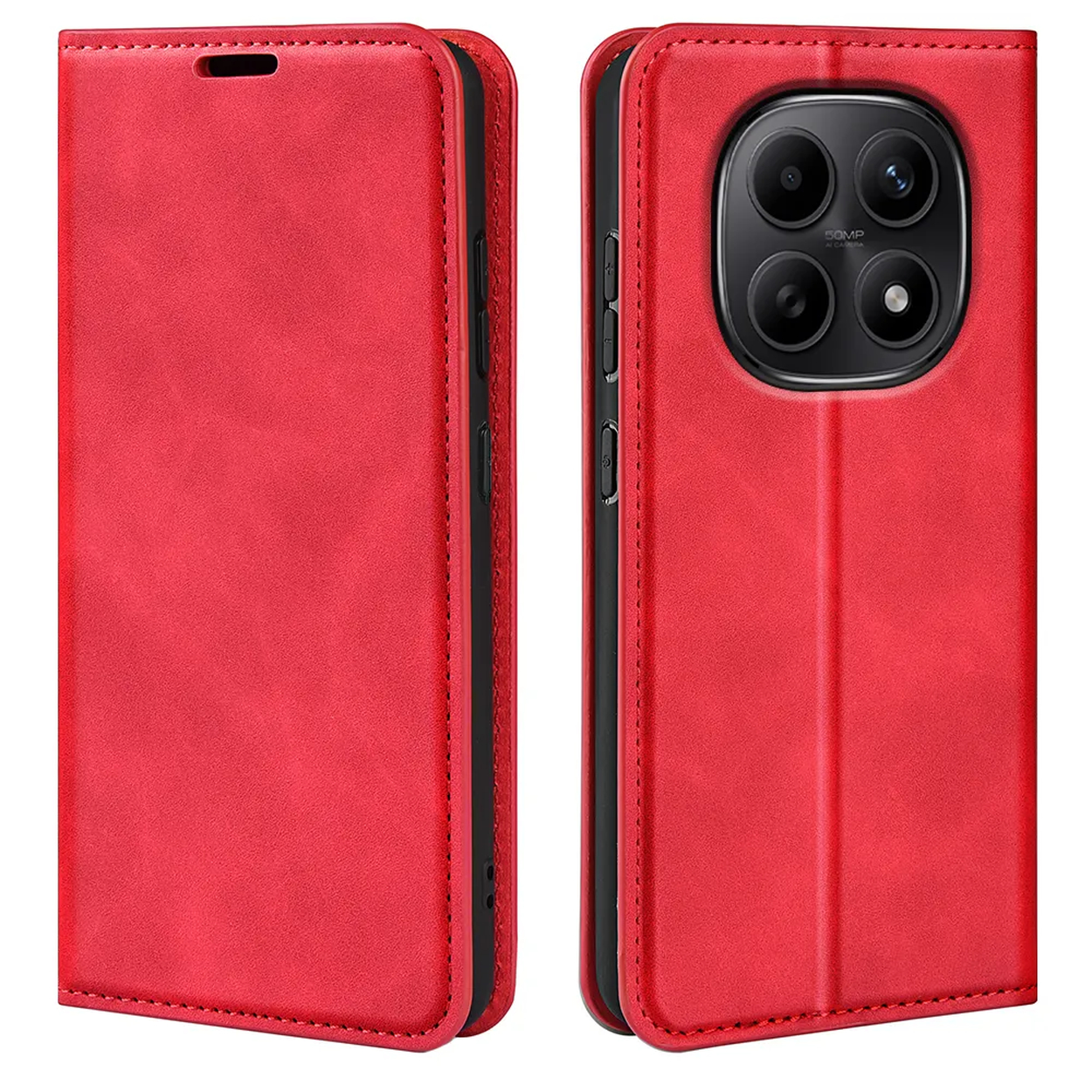 Étui rouge en cuir pour téléphone avec découpe caméra et rabat avant.