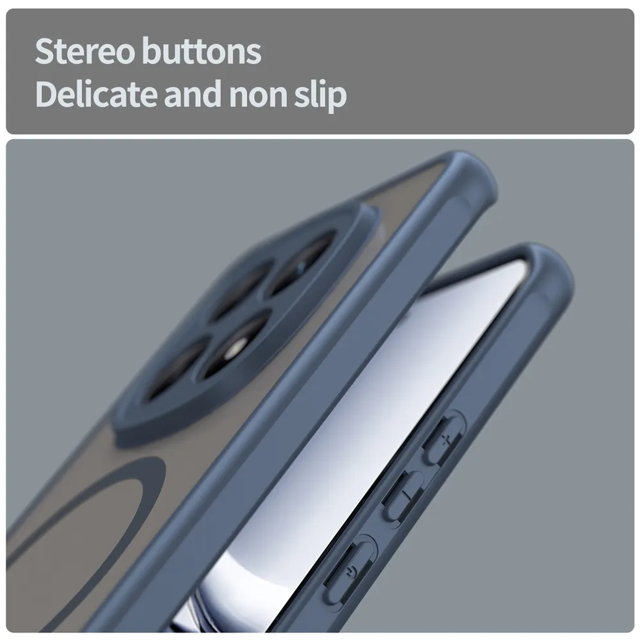 Een blauwe telefoonhoes met stereoknoppen en een transparante achterkant.