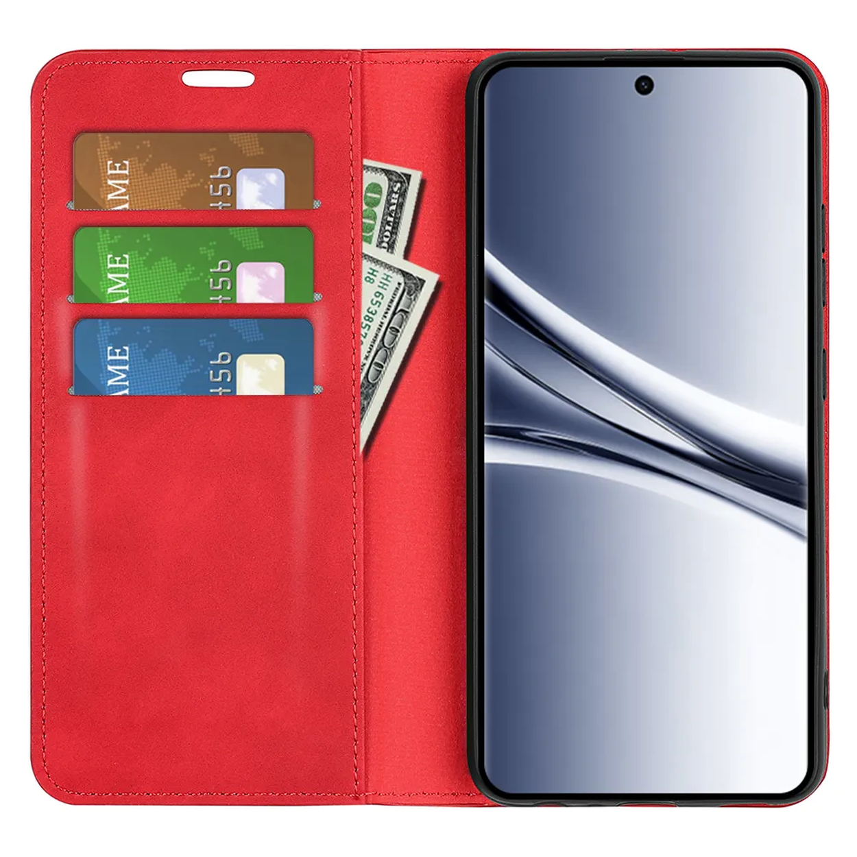 Étui de téléphone rouge avec trois fentes pour cartes et billets. Le téléphone est visible.