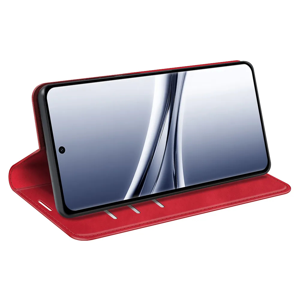 Un étui portefeuille rouge pour téléphone tenant un smartphone affiché en paysage.
