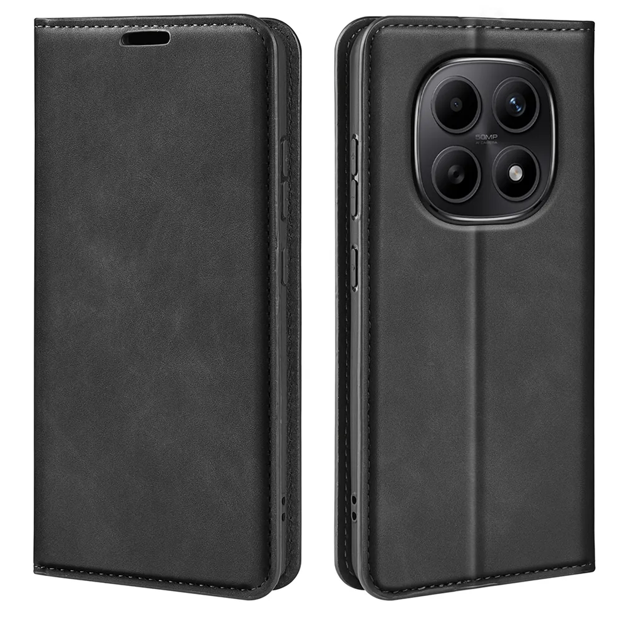 Étui à rabat en cuir noir pour smartphone, unité de caméra visible.