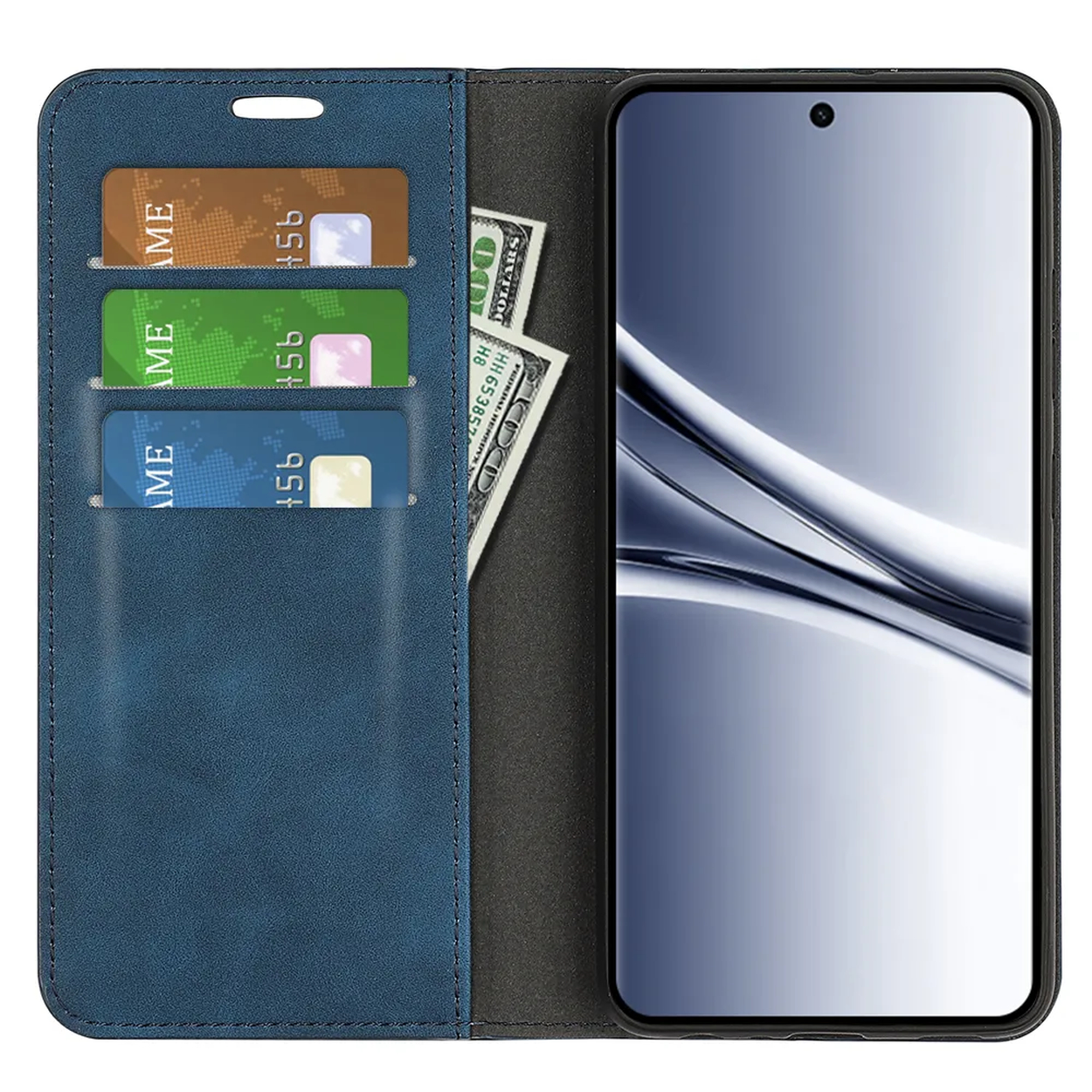 Étui de téléphone bleu avec fentes pour cartes et billets, montrant un smartphone.