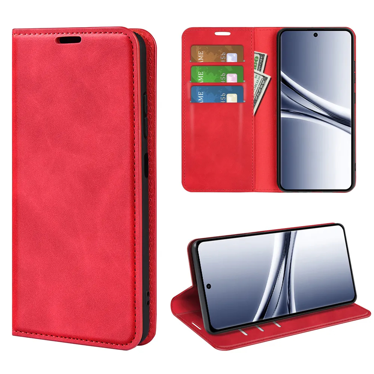 Étui rouge pour téléphone avec fentes pour cartes et poche à billets, ouvert, fermé et debout.