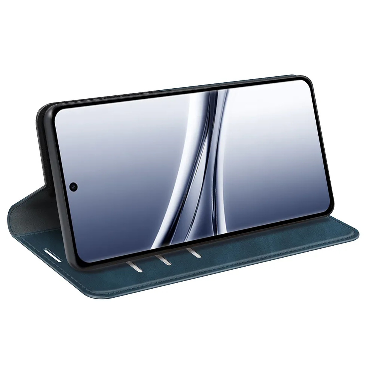 Un étui bleu foncé tenant un smartphone en mode paysage, debout.