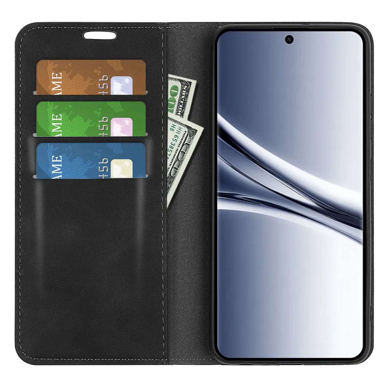 Étui de téléphone noir avec fentes pour cartes et billets.