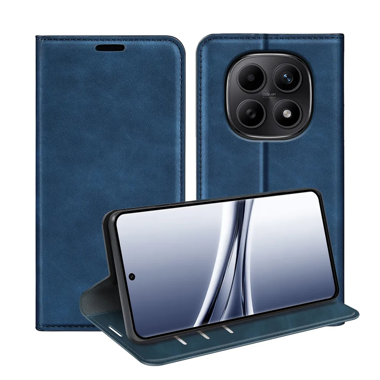 Un étui de téléphone à clapet bleu avec appareil photo et téléphone ouverts.