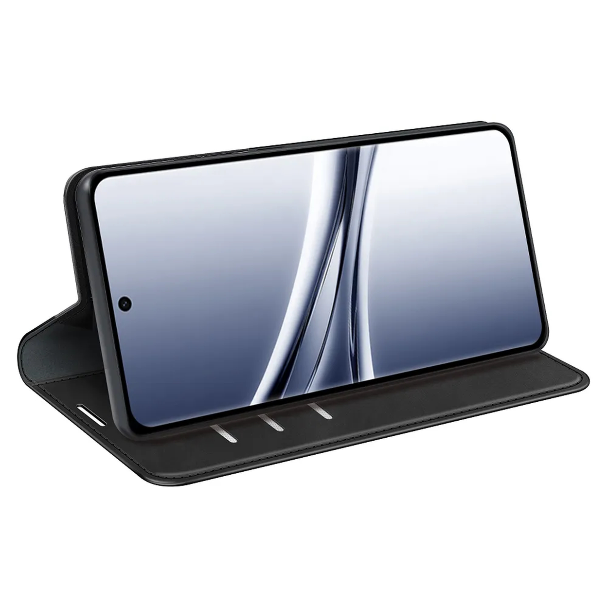 Téléphone noir dans un étui folio noir, vue de côté, écran affiche des lignes abstraites bleues et argentées.