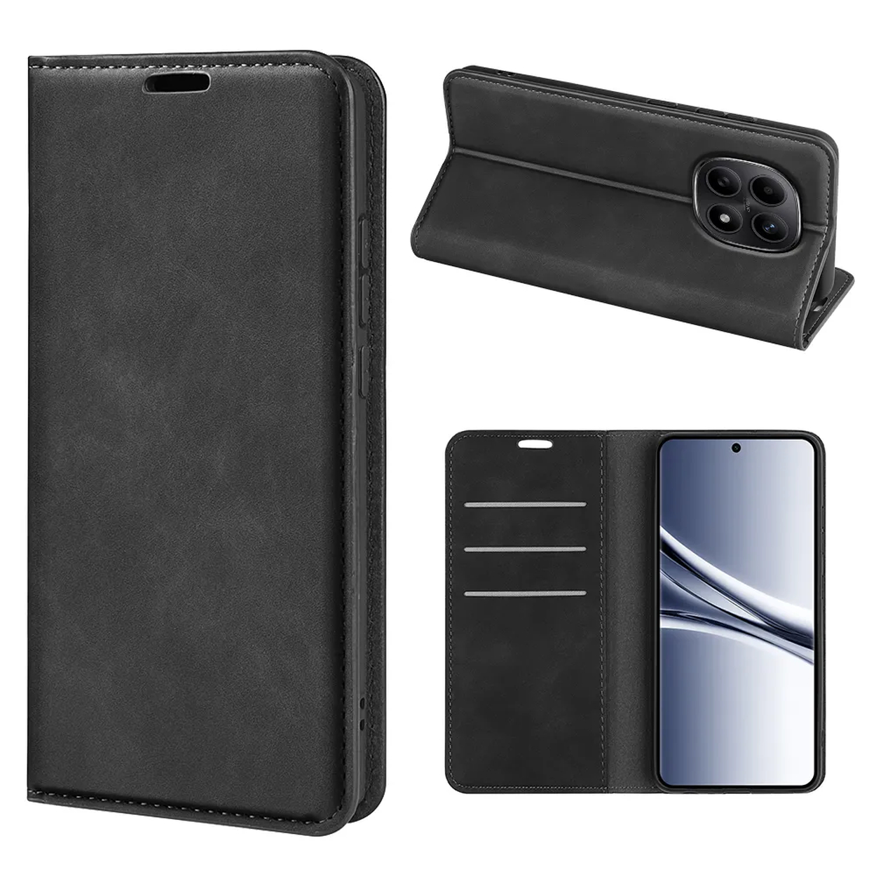 Étui de téléphone à rabat en cuir noir avec découpe caméra et fentes.