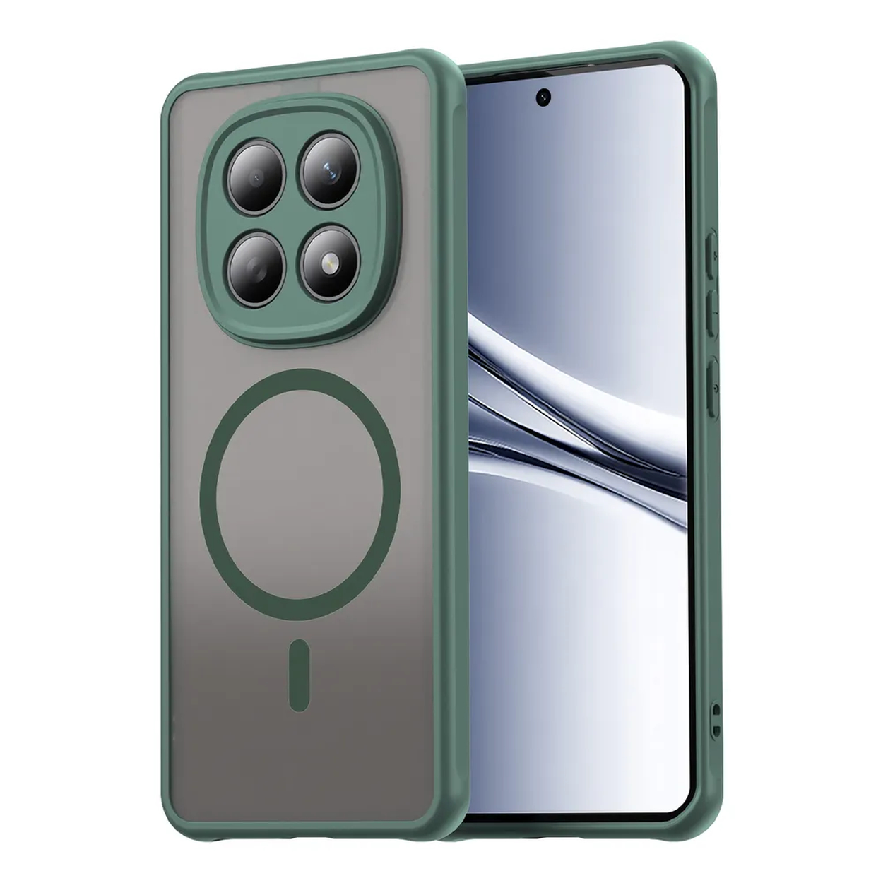 Groene telefoonhoes met vier camera's en magneetring op transparante achtergrond.
