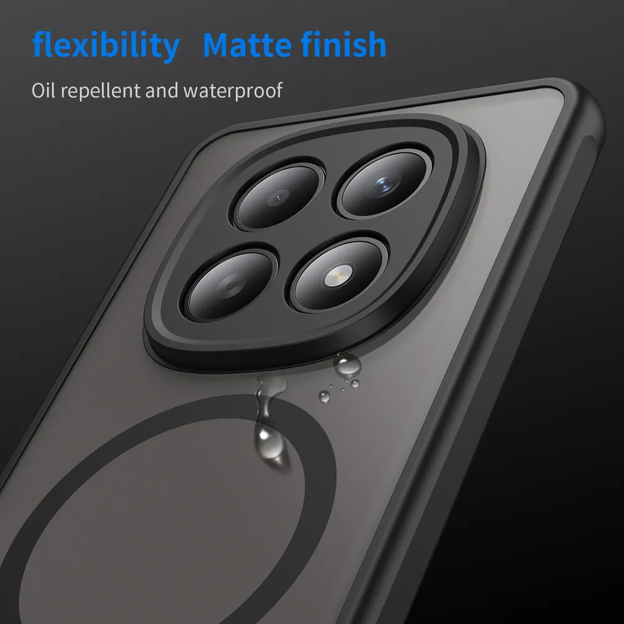 Telefoonhoes met quad-camera, matte afwerking, waterdruppels.