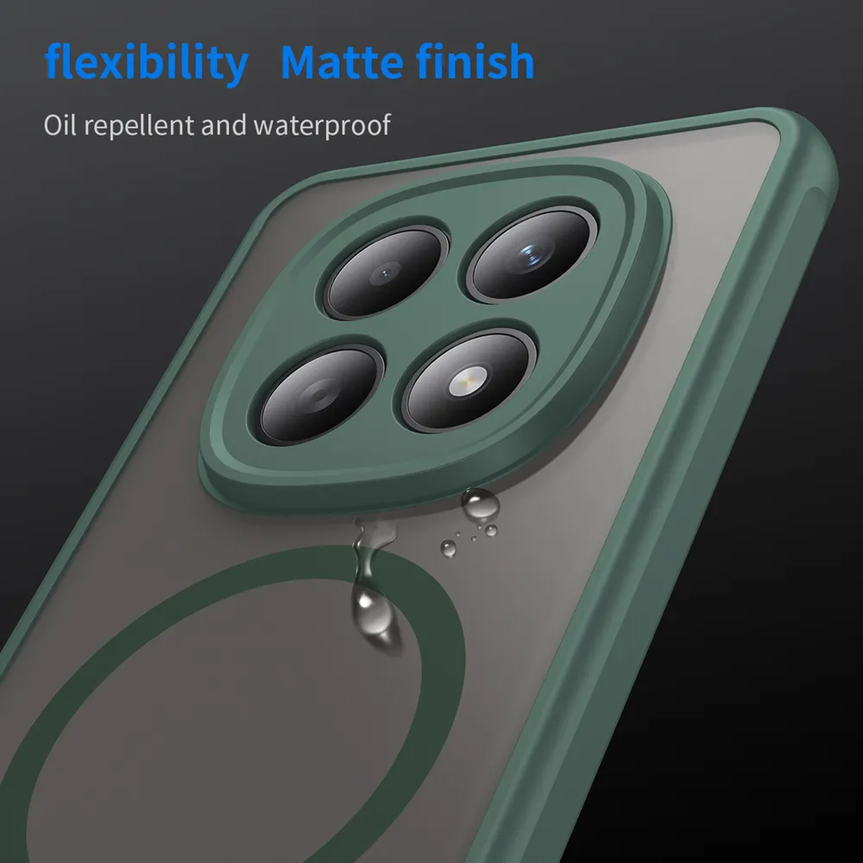 Groene telefoonhoes met vier camera's en waterdruppels op donkere achtergrond.