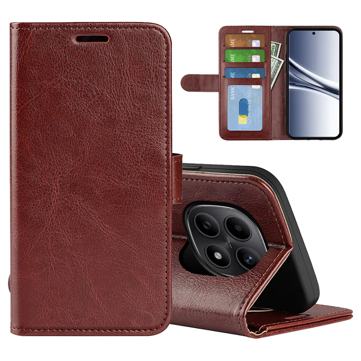 Étui marron en cuir pour téléphone à rabat, avec fentes pour cartes et argent.