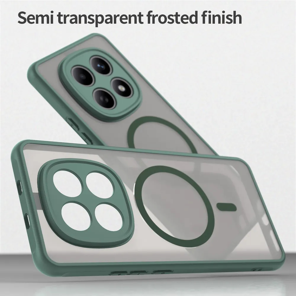 Transparante telefoonhoes met groen frame en camera-uitsparing.