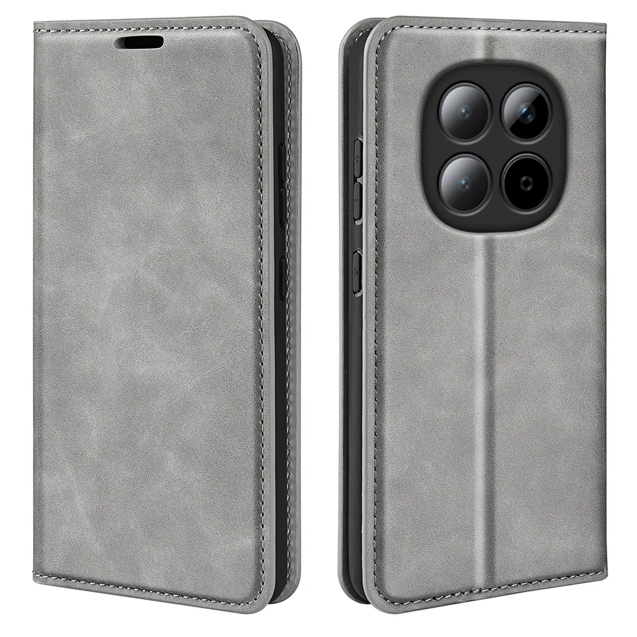 Grijze flip-stijl telefoonhoes met vier camera's op de achterkant.