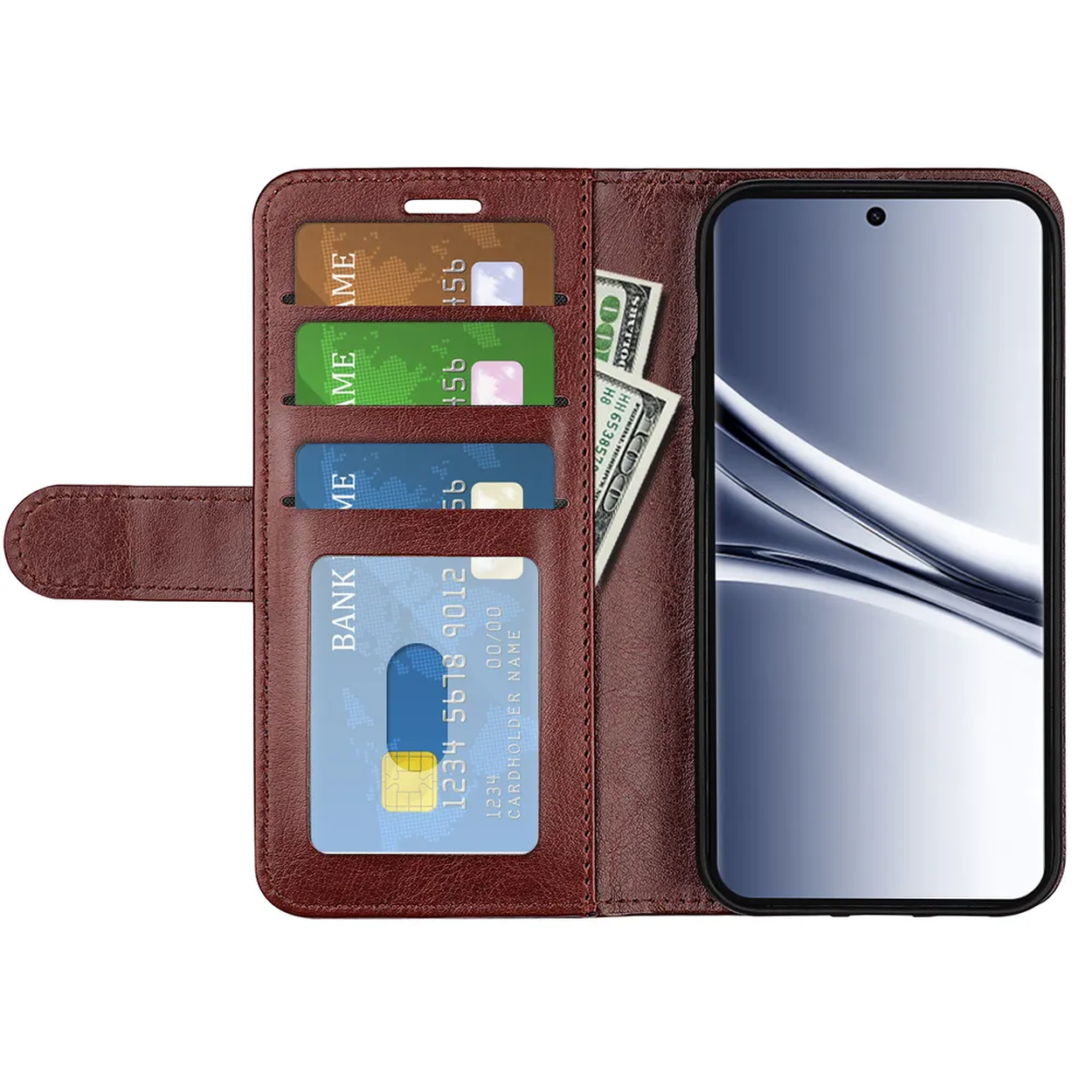 Étui portefeuille en cuir marron avec fentes pour cartes, argent et téléphone.