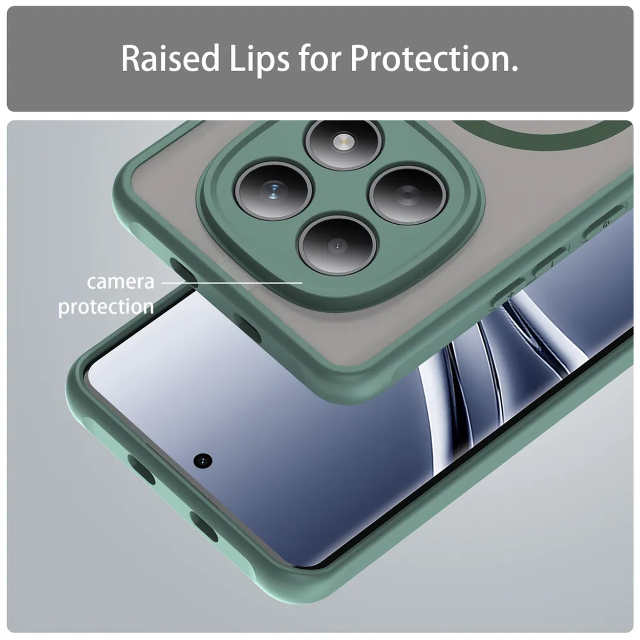 Groene telefoonhoes met camerauitsparing die de lenzen overschrijdt.