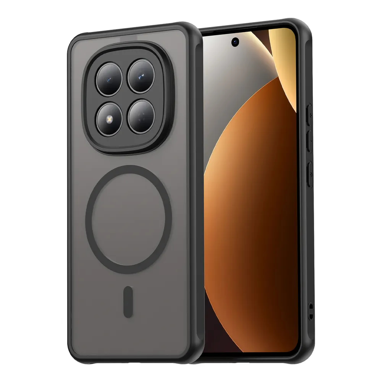 Zwarte telefoonhoes met vier camera's en magneetring op transparante achtergrond.